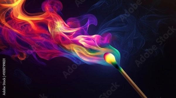 Fototapeta A lit matchstick with colorful smoke rising against a dark background.