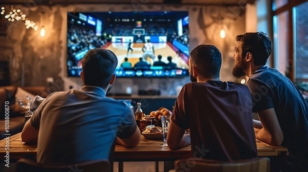 Fototapeta Group of friends playing video games at home. Men are sitting at the table and drinking beer
