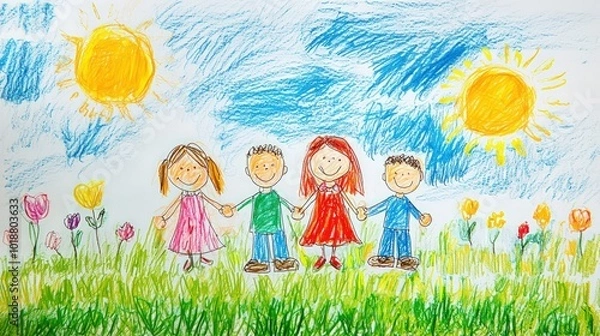 Fototapeta A joyful family scene captured in a colorful toddlera??s drawing, celebrating Father's Day and Mother's Day with love and creativity.