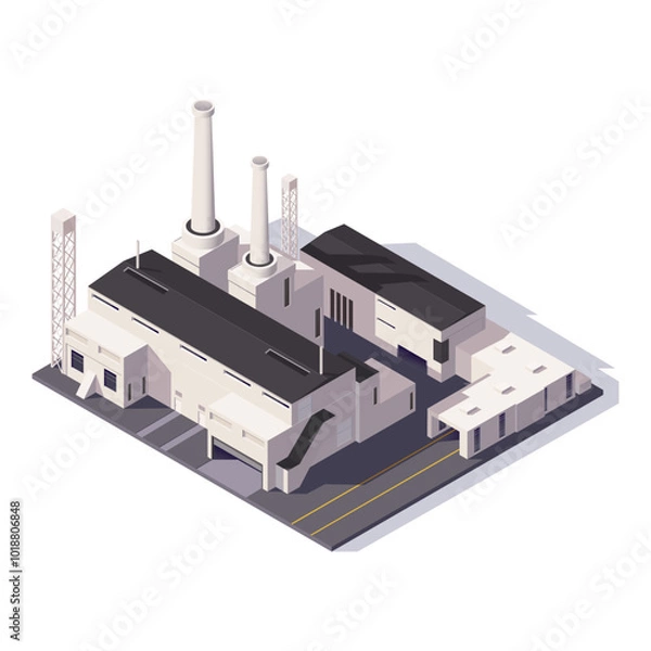 Fototapeta An industrial factory depicted in isometric style on a white background. Vector illustration