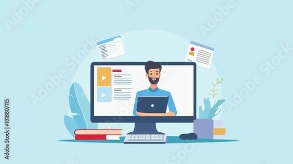 Obraz Webinar and online course concept. Man in computer screen holding internet presentation and lecture with documents. E-learning and remote work.