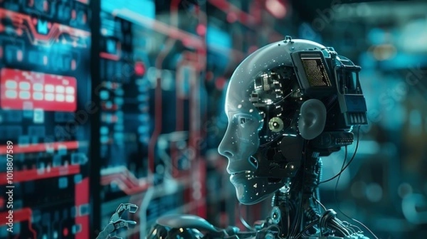 Fototapeta Humanoid robot working in server room with circuit board background