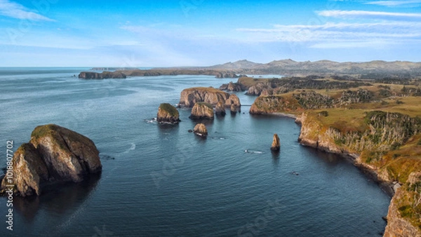 Fototapeta Aerial view of an Unnamed bay on the island of Shikotan, Kuril Islands.