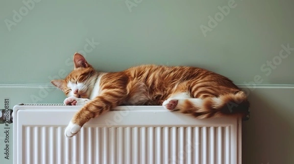 Fototapeta Cozy Ginger Cat Sleeping Comfortably on Warm Radiator in Relaxing Indoor Setting