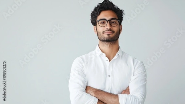 Fototapeta A poised young Indian entrepreneur in smart casual clothing, standing confidently against a minimalist white backdrop.