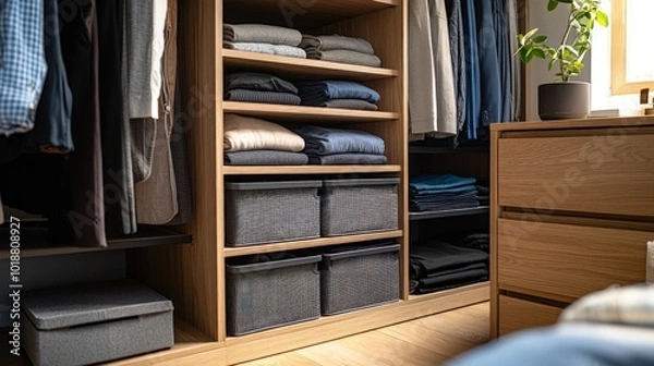 Fototapeta A professional organizer declutters a stylish closet with neatly folded clothes and storage boxes.