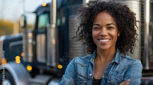 Fototapeta A proud young female truck driver of mixed race smiles confidently, standing in front of her large rig, highlighting her role in a traditionally male-dominated field.