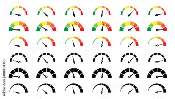 Fototapeta Risk meter icon set. Risk concept on speedometer. Set of gauges from low to high.  Vector illustration.