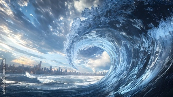 Fototapeta An enormous wave crashes against a city skyline, capturing the raw power and beauty of nature in a breathtaking moment.
