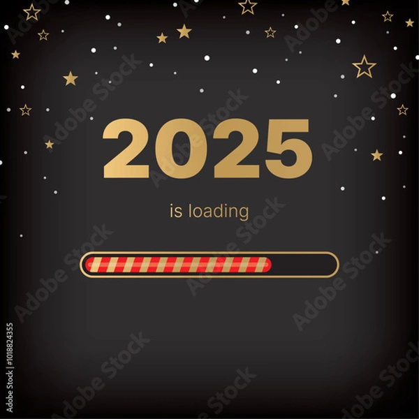 Obraz Christmas loading bar. 2025 New Year card on black background with gold stars and snowflakes.