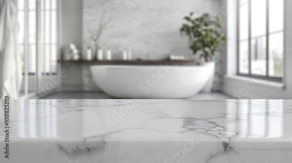 Fototapeta White marble countertop with blurred bathroom in background