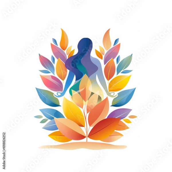 Obraz A plump woman sits gracefully in a lotus position, completely surrounded by vibrant and colorful leaves that create a beautiful atmosphere around her