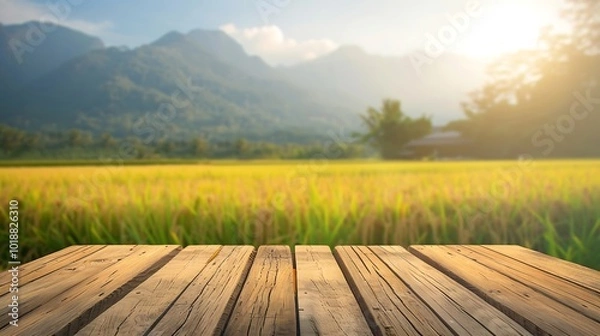 Fototapeta Wooden floor with rice field and mountain background in the morning