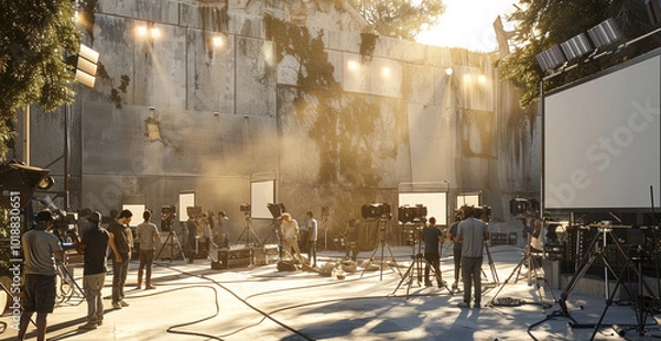 Obraz A bustling outdoor film set with crew members preparing cameras, lighting, and other equipment in a sunlit, urban environment.
