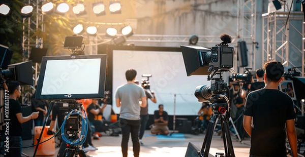 Obraz A bustling outdoor film set with crew members preparing cameras, lighting, and other equipment in a sunlit, urban environment.
