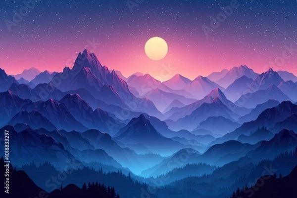 Fototapeta A Full Moon Rises Over Silhouetted Mountain Ranges Under a Starry Sky