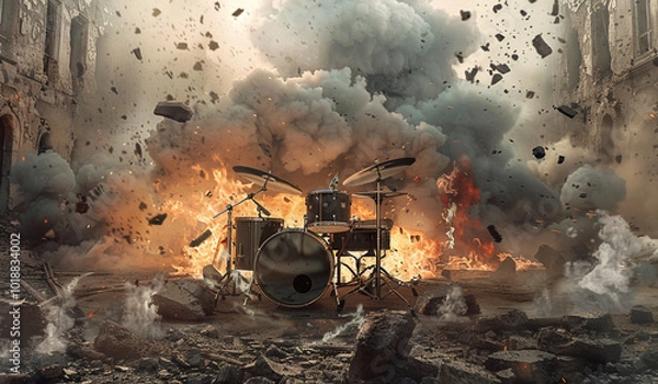 Obraz A drum set sits amid a massive explosion in a crumbling urban environment, symbolizing chaos, destruction, and intense energy.

