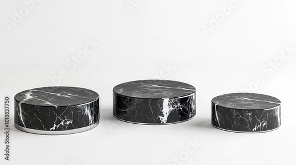 Fototapeta Black marble pedestals or podiums with chrome-plated frames on a white background .generative ai
