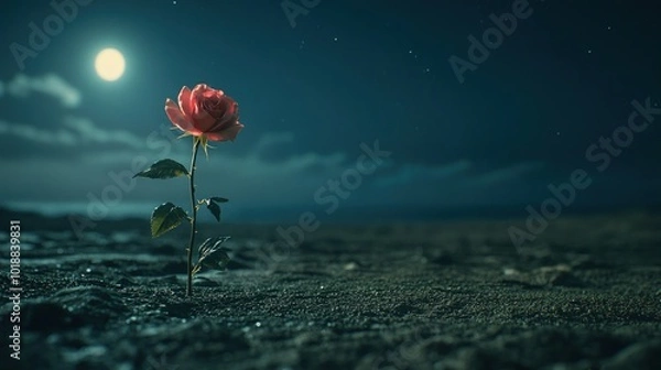 Fototapeta A single rose blooms under a full moon on a sandy beach.