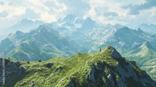 Fototapeta A panoramic view of a mountain range with snow-capped peaks in the distance. The mountains are covered in lush green vegetation and the sky is clear and blue.