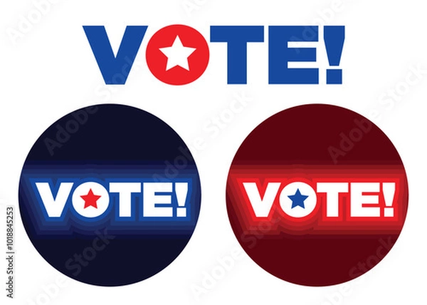 Fototapeta Election vote buttons and text with a star shape icon in red, white, and blue.
