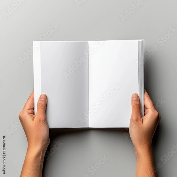Fototapeta An open blank book held by two hands, inviting creativity and thoughts with its empty pages.