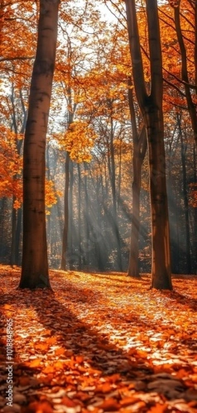 Fototapeta Vibrant autumn forest with sunlight filtering through colorful leaves showcasing calming vibes for smartphone wallpaper