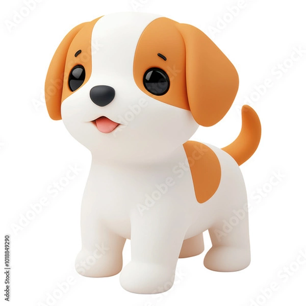 Fototapeta Cute 3D cartoon puppy with brown spots, large black eyes, and a white body. A playful, simplified 3D style, ideal for children's themes or toy illustrations. Isolated on transparent background, png.