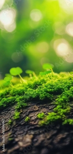 Fototapeta Close-up of vibrant green moss growing on tree bark with soft sunlight filtering through a lush forest