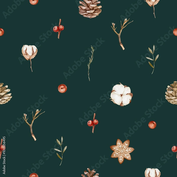 Fototapeta A simple and elegant pattern featuring a minimalist design of winter botanicals, including cotton flowers, pinecones, red berries, and delicate twigs.