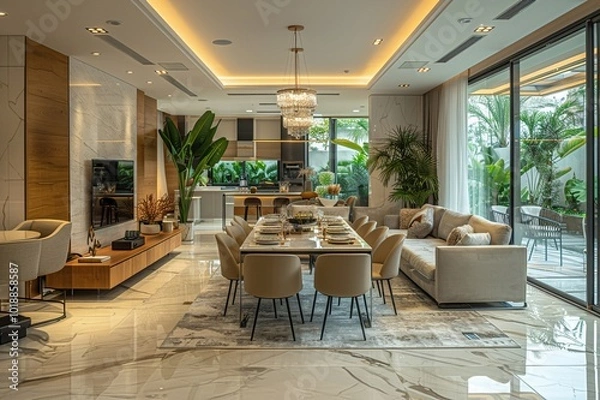 Fototapeta A 3D realistic model of a contemporary dining room.