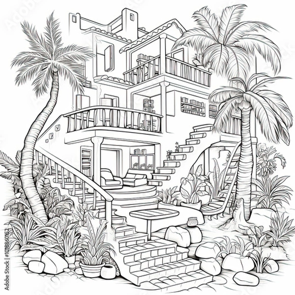 Fototapeta Beautiful Tiny Interior Coloring Page with 3D Render, Tiny House interiors Colouring Design for Your Corporate Books and Business Graphic Resource or Creative Project, Ai Generative