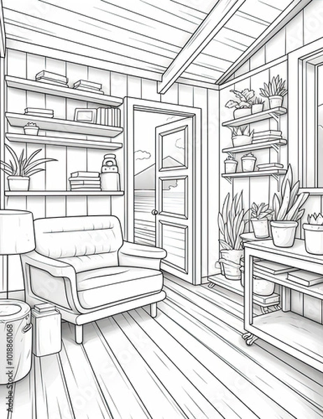 Fototapeta Beautiful Tiny Interior Coloring Page with 3D Render, Tiny House interiors Colouring Design for Your Corporate Books and Business Graphic Resource or Creative Project, Ai Generative