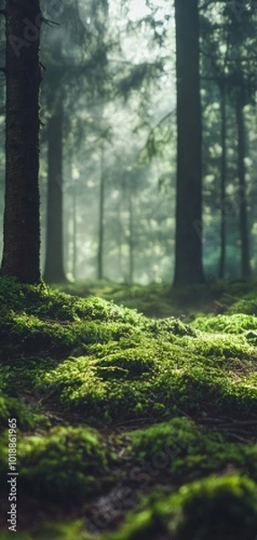 Fototapeta Moss-covered forest floor enveloped in gentle mist and ethereal light creating a calming atmosphere