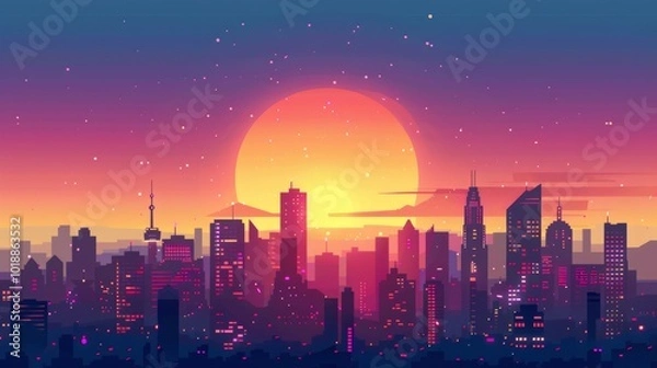 Fototapeta Vibrant Vector City Skyline at Sunset with Stunning Orange and Purple Gradient Sky