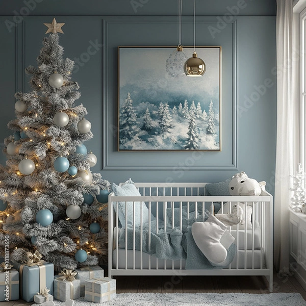 Fototapeta A cozy nursery featuring beautifully decorated Christmas tree adorned with baby safe ornaments, soft crib, and serene winter themed artwork. room exudes warmth and holiday spirit