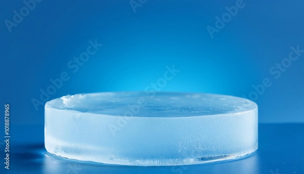 Fototapeta Round ice pedestal for product presentation on blue background. Pedestal in studio. Cool display.