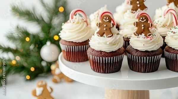 Fototapeta Festive Gingerbread Cupcakes with Whipped Cream Frosting