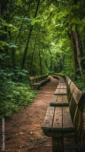 Fototapeta Weathered wooden benches line a forest path surrounded by vibrant green trees in a serene setting