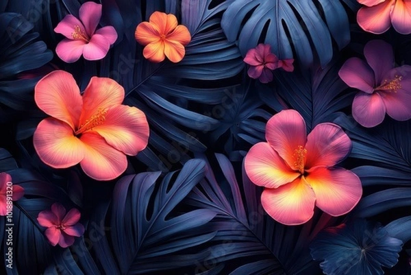 Fototapeta modern tropical pattern with bold palm leaves and exotic flowers vivid neon colors on black background geometric elements blending with organic shapes