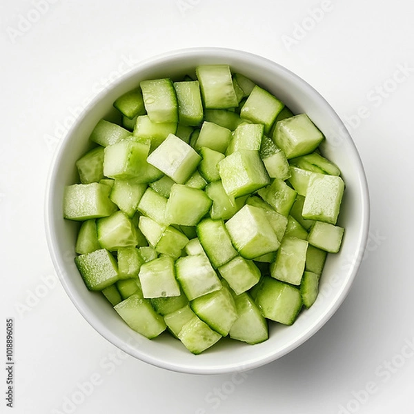 Obraz Diced Cucumber in a White Bowl on Solid White Background