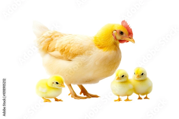 Obraz Hen with yellow chicks on transparent background.