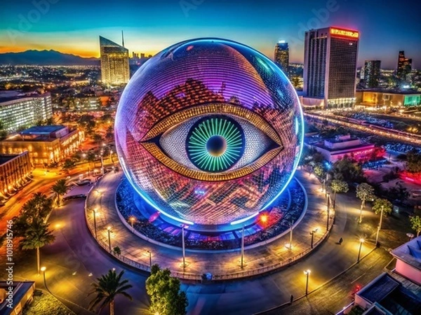 Fototapeta Mesmerizing Sphere Structure with Eye Design Illuminated Against Night Sky in Urban Las Vegas Scene