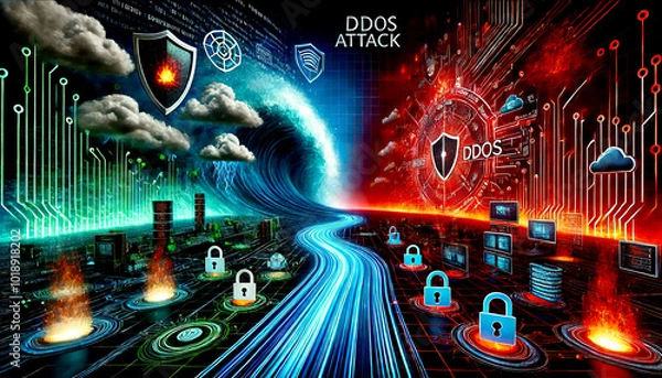 Fototapeta Digital shield protecting servers from ddos attack on planet earth