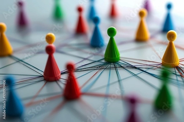 Fototapeta Visual showing colorful pawns connected with strategic lines, representing collaboration and interconnectedness.