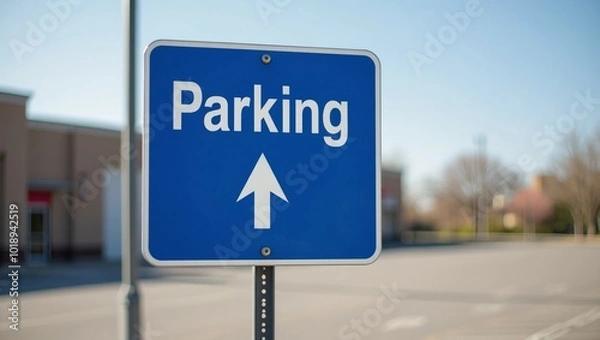 Fototapeta Parking sign with arrow on post in empty lot