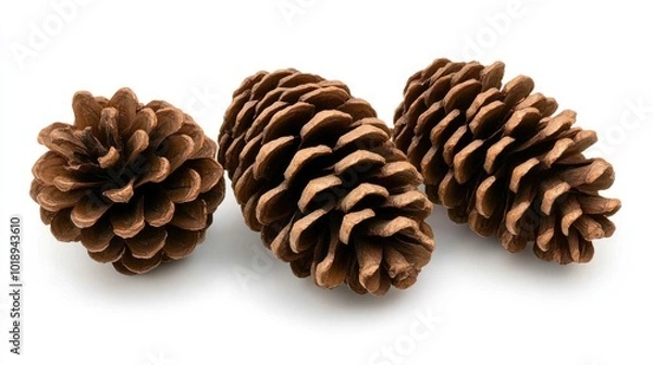 Fototapeta A fir tree branch features lush green needles and textured pine cones, creating a festive decoration perfect for holiday-themed designs on a bright white background
