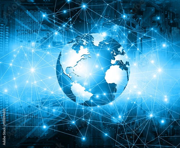Fototapeta Best Internet Concept of global business. Globe, glowing lines on technological background. Electronics, Wi-Fi, rays, symbols Internet, television, mobile and satellite communications