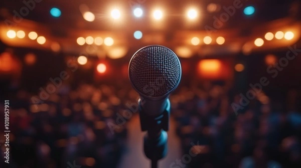 Fototapeta performance stage setup with microphone stand under bright spotlight, showing audience anticipation for a speech, talk, or live show in a packed auditorium