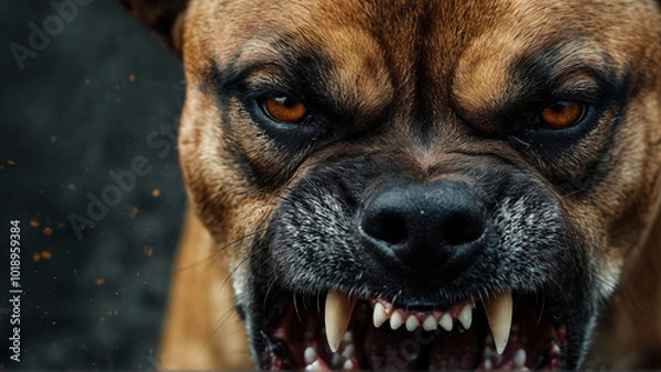 Obraz Angry dog charging and barking, he looks mean and upset, about to bite an intruder. Close-up portrait, realistic style